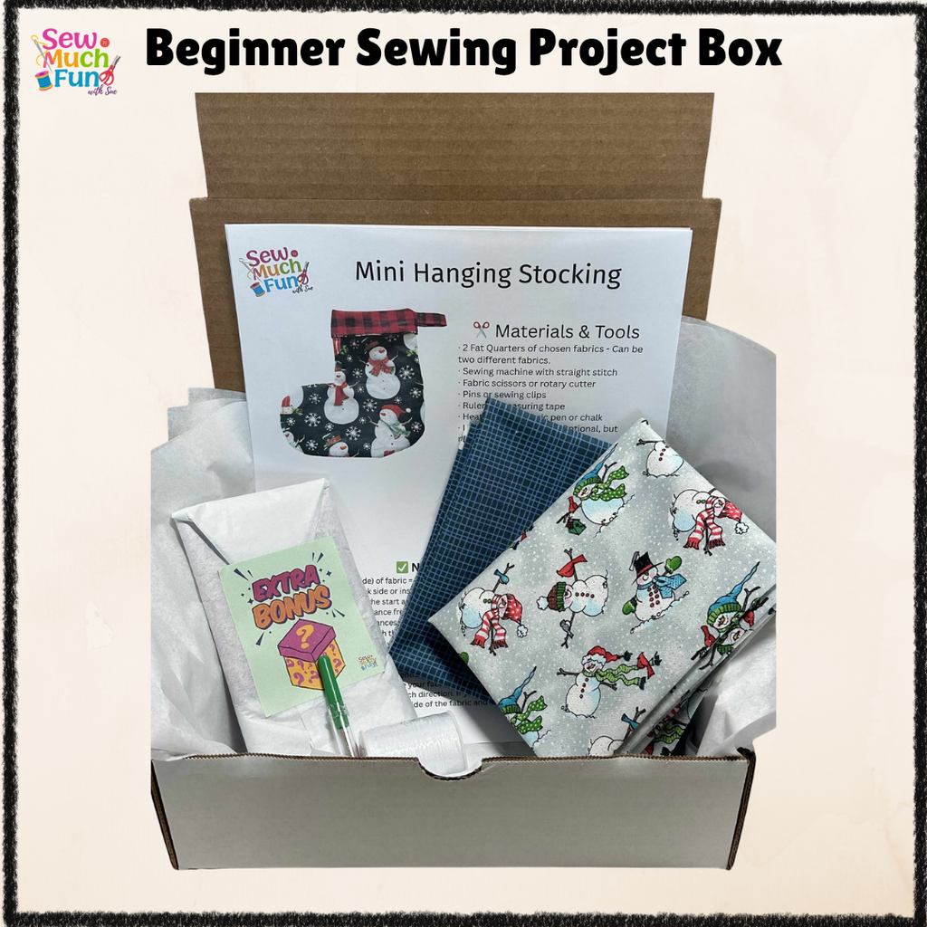 Mini Christmas Stocking Sewing Kit – Gray Fabric with Colorful Snowmen & Blue Stripe Lining for Beginners & Beyond