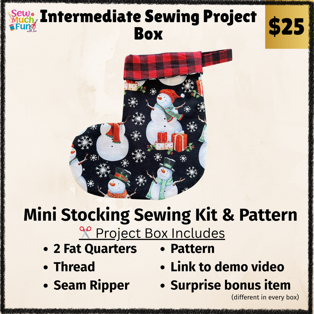 Sew your own mini-Christmas stockings with red snowman fabric & white snowflake lining! Includes fabric, thread, pattern, seam ripper, bonus gift & video demo.