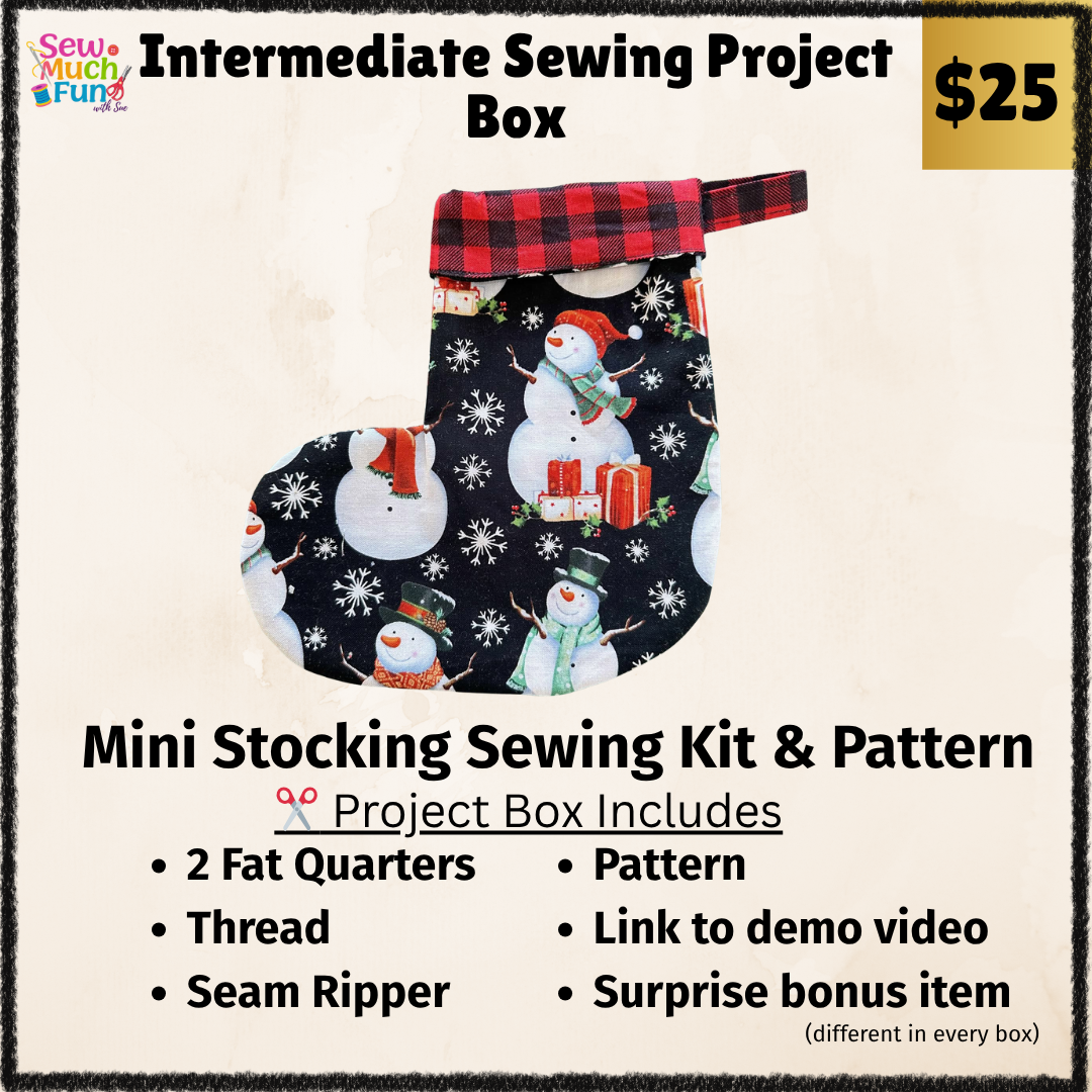 Sew your own mini-Christmas stockings with red snowman fabric & white snowflake lining! Includes fabric, thread, pattern, seam ripper, bonus gift & video demo.