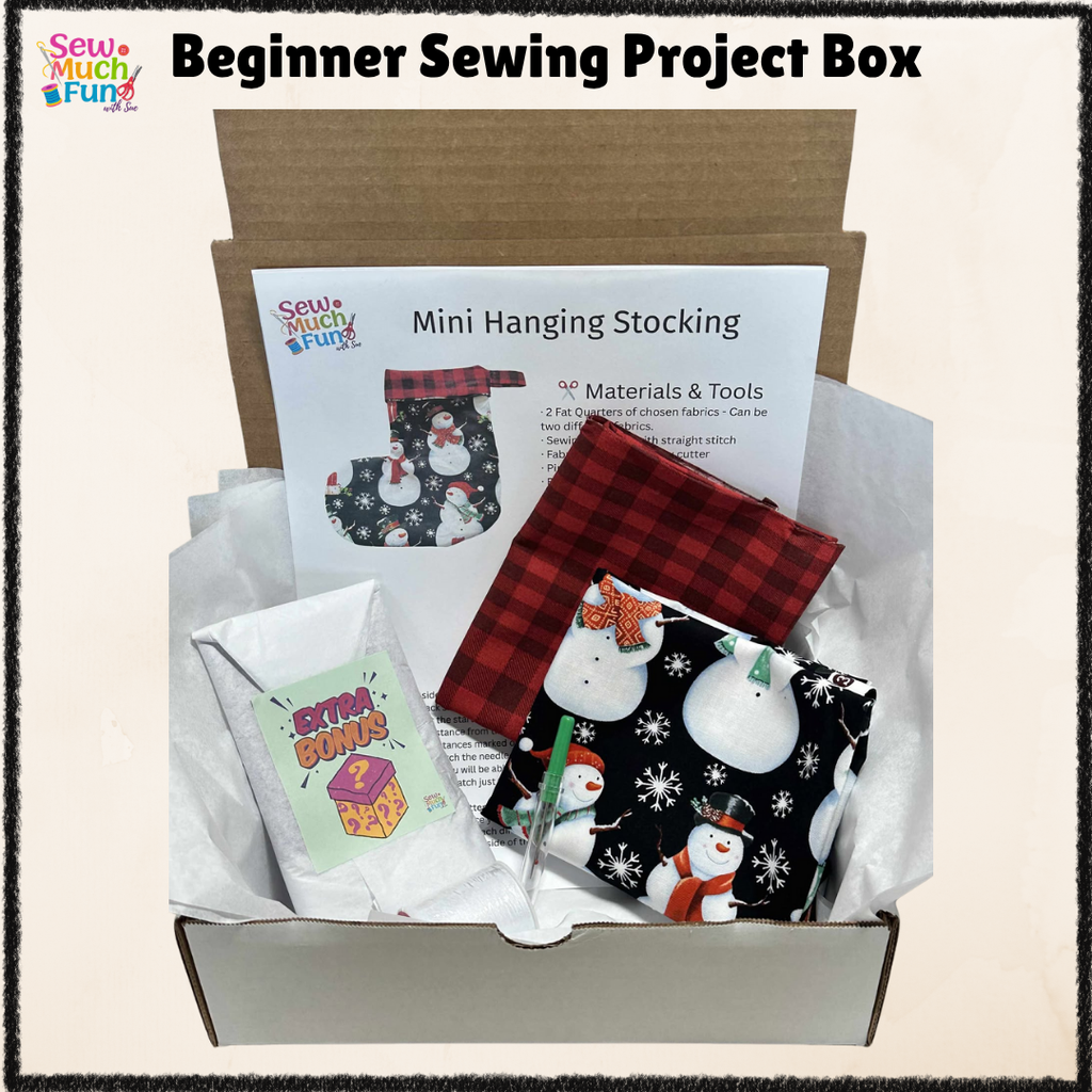 Mini Christmas Stocking Sewing Kit – Black Snowman Fabric with Buffalo Plaid Lining for Beginners & Beyond