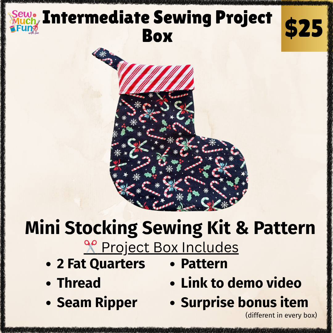 Sew festive mini Christmas stockings with black candy cane fabric & red-white stripe lining! Includes fabric, thread, pattern, seam ripper & video demo.