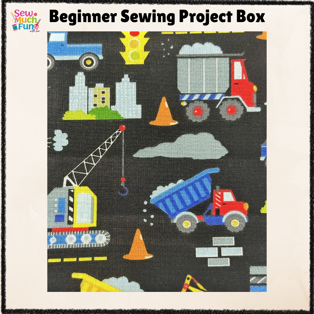 Beginner Sewing Kit for Boys – Fabric Basket Project with Construction Vehicle Fabric, Thread & Pattern