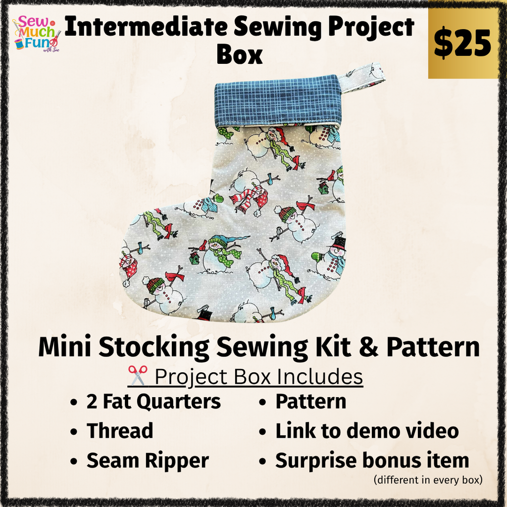 Mini stocking sewing kit with pattern and materials on a beige background