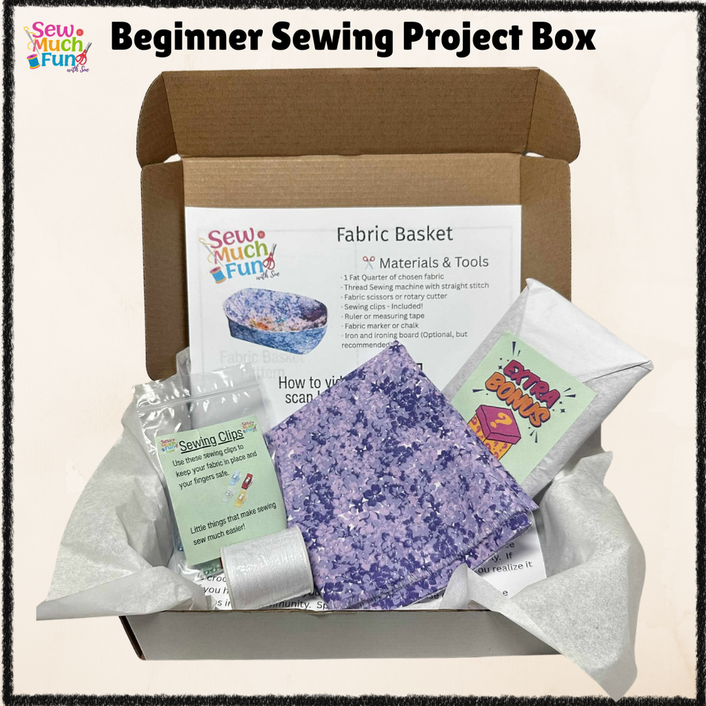 Beginner Sewing Kit – Fabric Basket Project with Purple Flower Fabric, Thread & Pattern