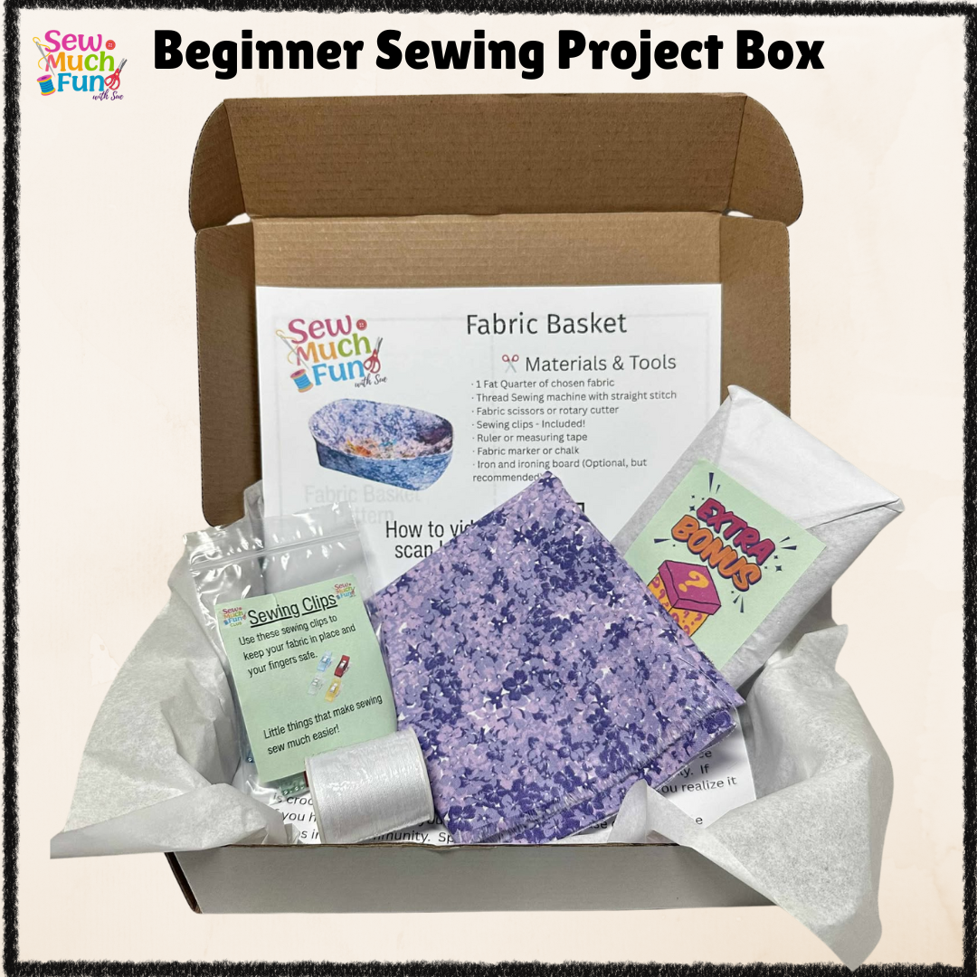 Beginner Sewing Kit – Fabric Basket Project with Purple Flower Fabric, Thread & Pattern