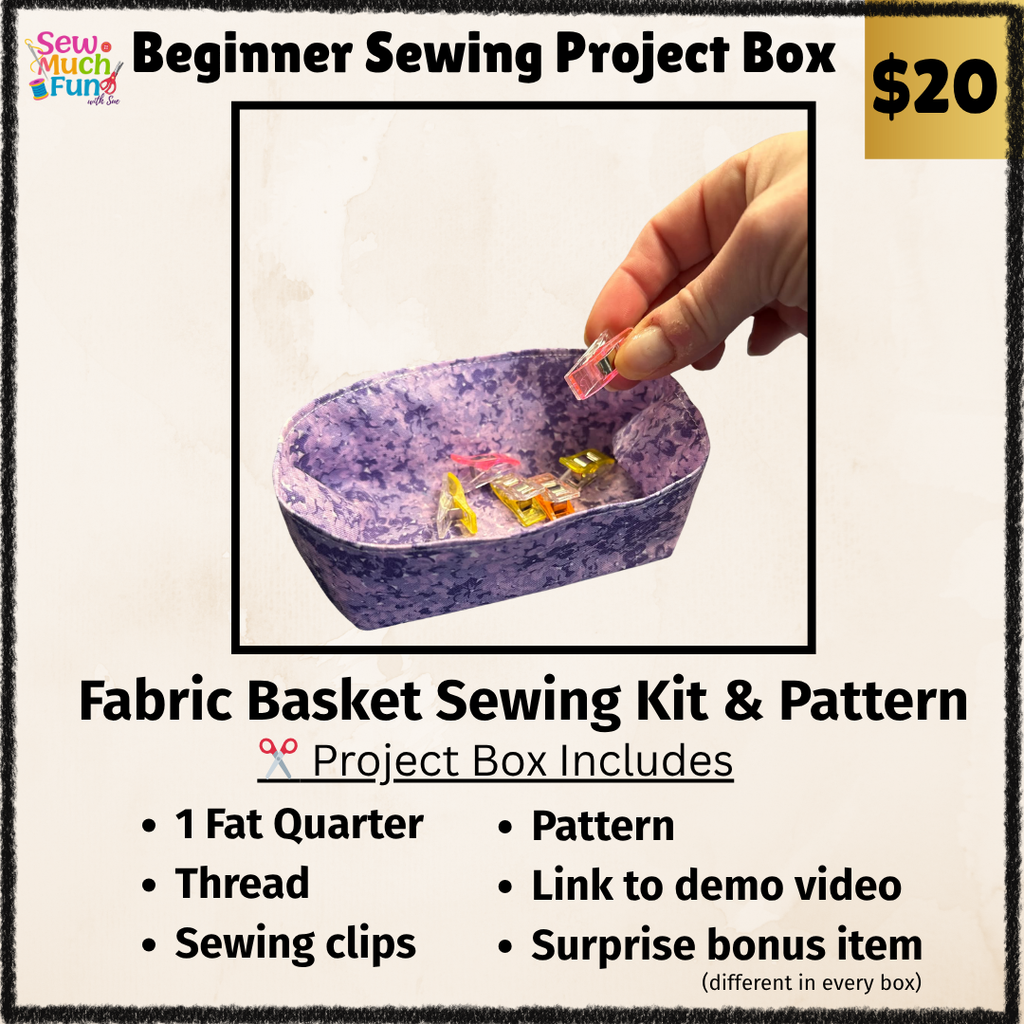 Beginner Sewing Kit – Fabric Basket Project with Purple Flower Fabric, Thread & Pattern
